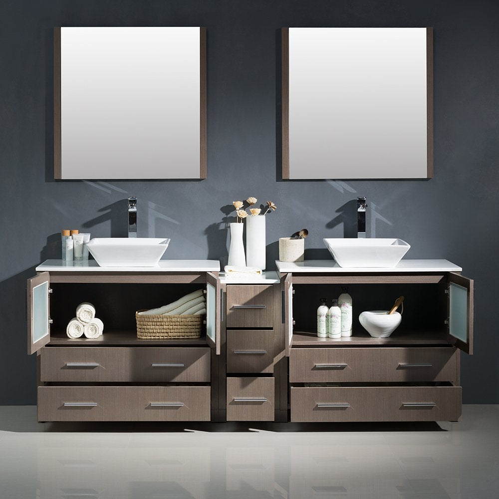 Fresca FVN62-361236GO-VSL Fresca Torino 84" Gray Oak Modern Double Sink Bathroom Vanity w/ Side Cabinet & Vessel Sinks