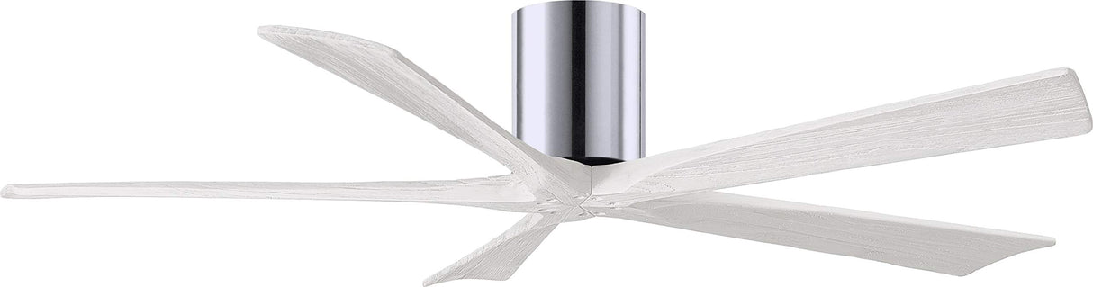 Matthews Fan IR5H-CR-MWH-60 Irene-5H five-blade flush mount paddle fan in Polished Chrome finish with 60” solid matte white wood blades. 