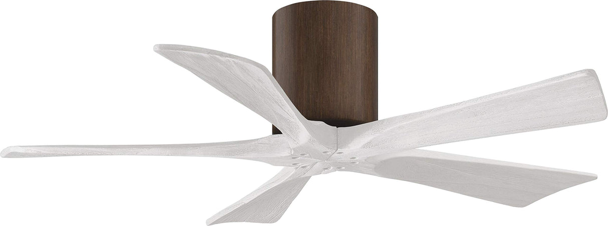 Matthews Fan IR5H-WN-MWH-42 Irene-5H five-blade flush mount paddle fan in Walnut finish with 42” solid matte white wood blades. 