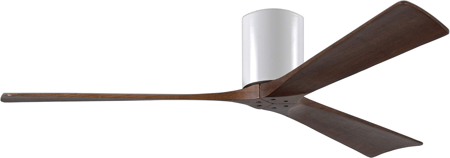 Matthews Fan IR3H-WH-WA-60 Irene-3H three-blade flush mount paddle fan in Gloss White finish with 60” solid walnut tone blades.