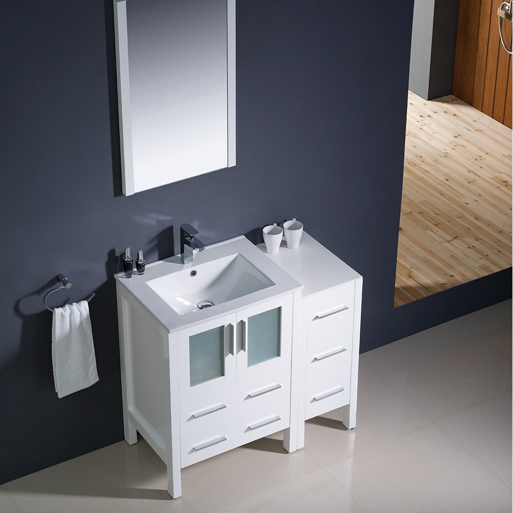 Fresca FVN62-2412WH-UNS Fresca Torino 36" White Modern Bathroom Vanity w/ Side Cabinet & Integrated Sink
