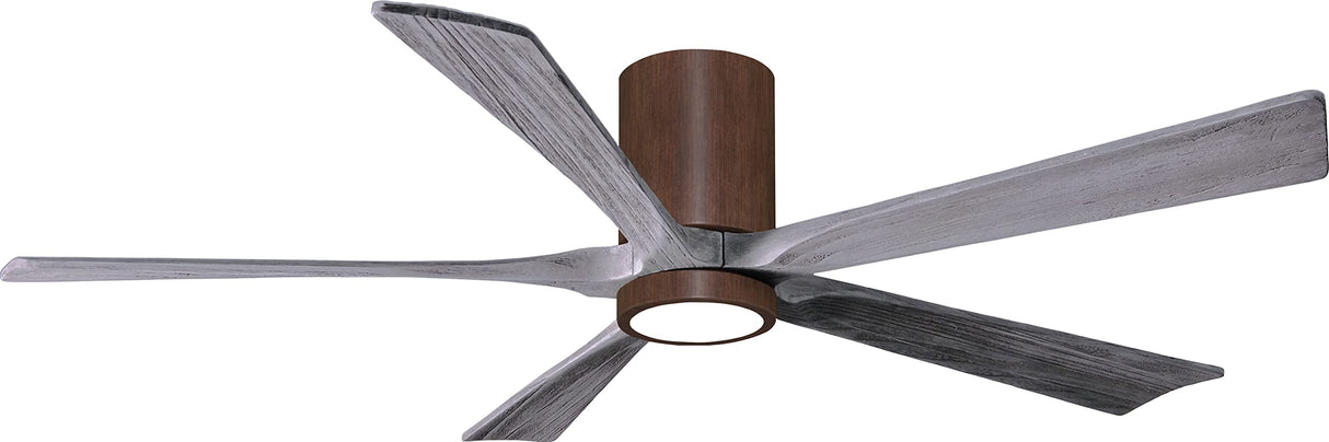 Matthews Fan IR5HLK-WN-BW-60 IR5HLK five-blade flush mount paddle fan in Walnut finish with 60” solid barn wood tone blades and integrated LED light kit.