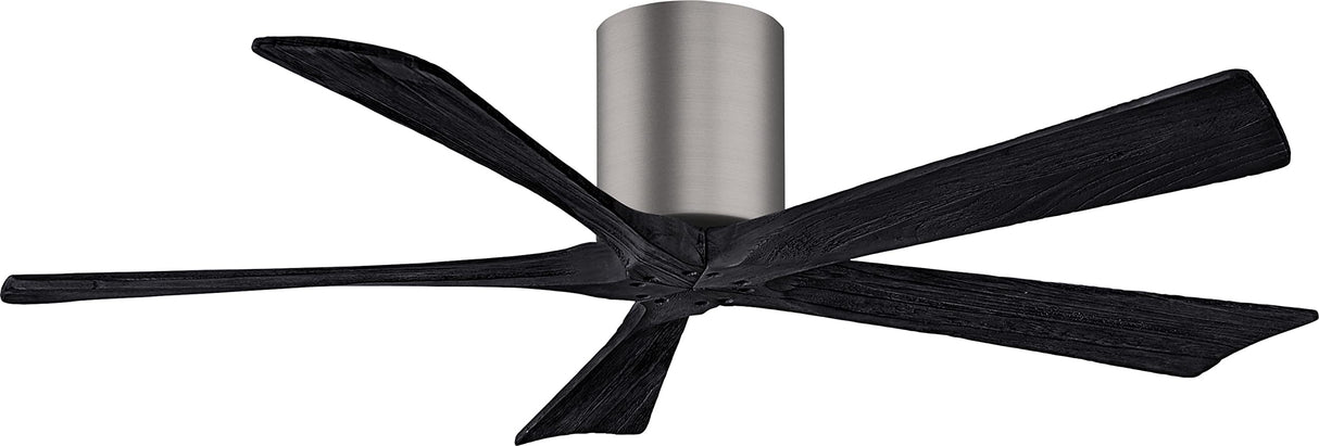 Matthews Fan IR5H-BP-BK-52 Irene-5H five-blade flush mount paddle fan in Brushed Pewter finish with 52” solid matte black wood blades. 