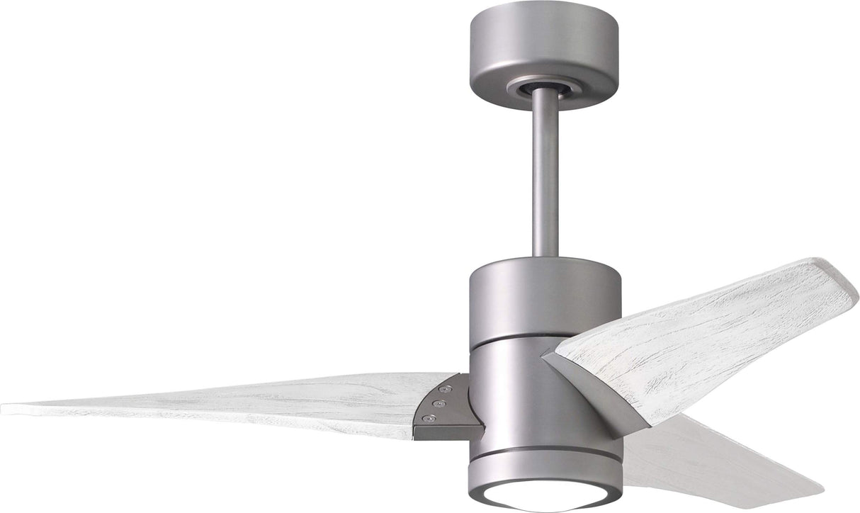 Matthews Fan SJ-BN-MWH-42 Super Janet three-blade ceiling fan in Brushed Nickel finish with 42” solid matte white wood blades and dimmable LED light kit