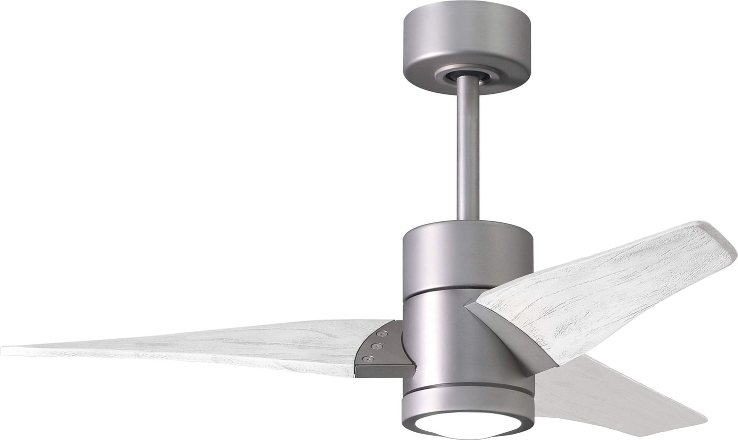 Matthews Fan SJ-BN-MWH-42 Super Janet three-blade ceiling fan in Brushed Nickel finish with 42” solid matte white wood blades and dimmable LED light kit