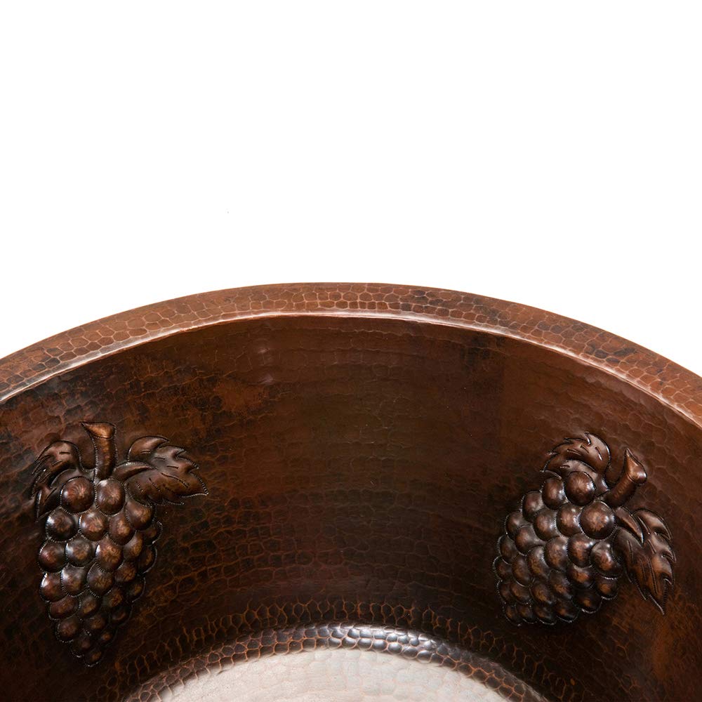 Premier Copper Products BR16GDB3 16-Inch Universal Round Hammered Copper with Grapes Sink and 3.5-Inch Drain Size, Oil Rubbed Bronze