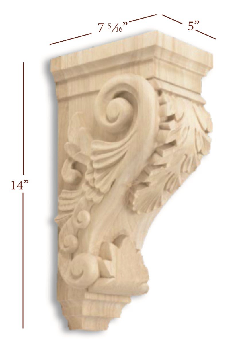 Hardware Resources CORBB-2RW 5" W x 7" D x 14" H Rubberwood Acanthus Corbel