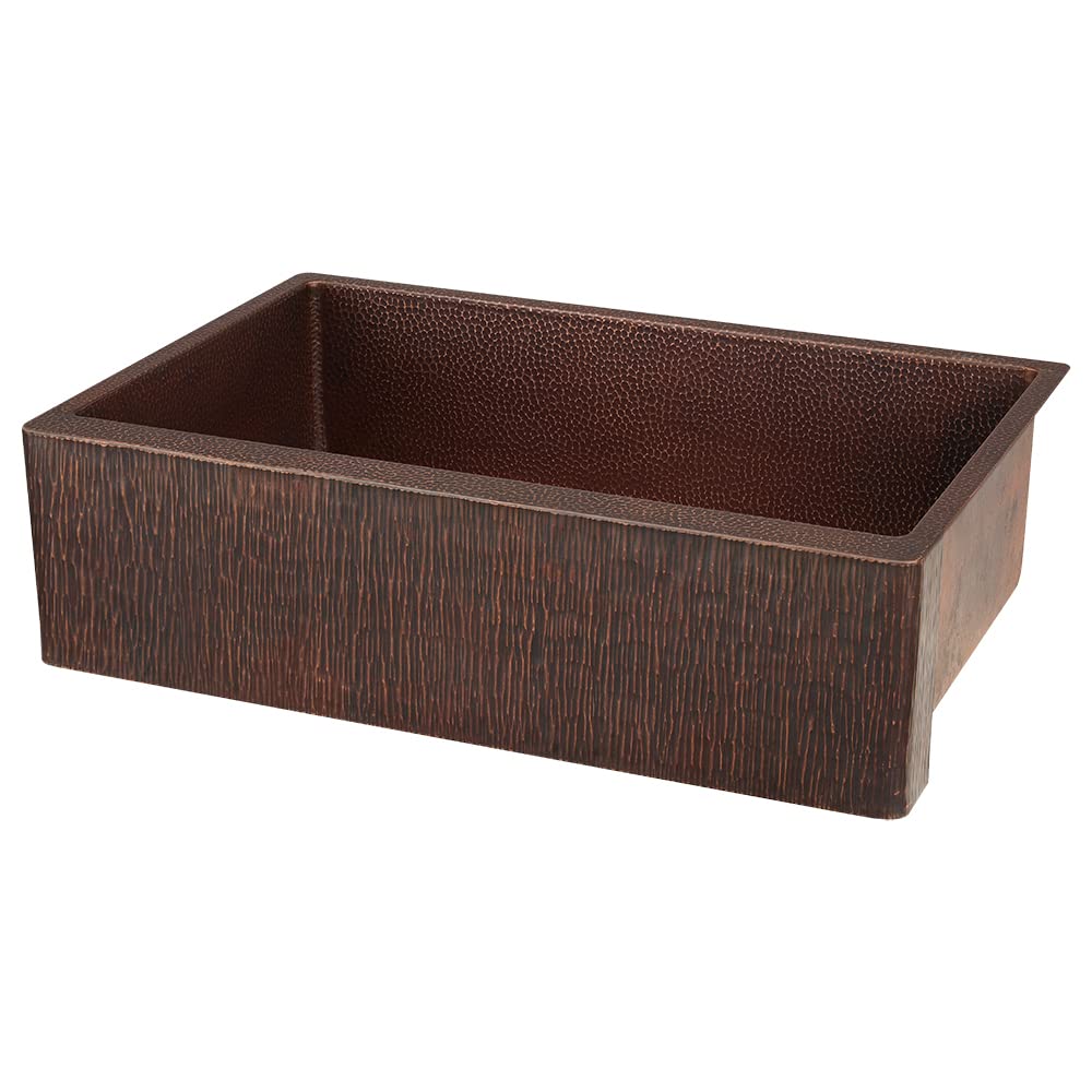 33" Randomly Hammered Copper Apron Front Single Basin Kitchen Sink w/Tree Texture