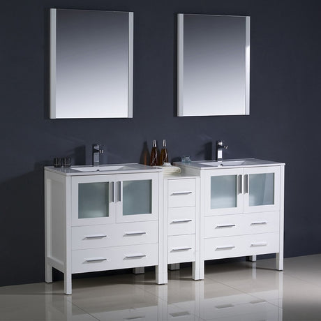 Fresca FVN62-301230WH-UNS Fresca Torino 72" White Modern Double Sink Bathroom Vanity w/ Side Cabinet & Integrated Sinks