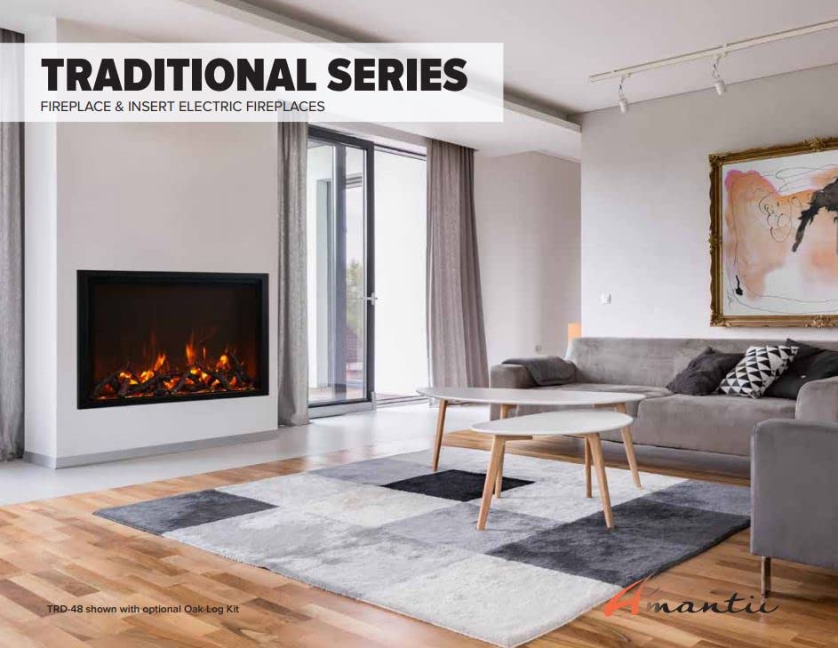 Amantii TRD-48 Traditional Smart Electric 48" Indoor / Outdoor WiFi Enabled Insert, Featuring a Multi Function Remote Control, Multi Flame Speeds, and Two 10 Piece Birch Log Set