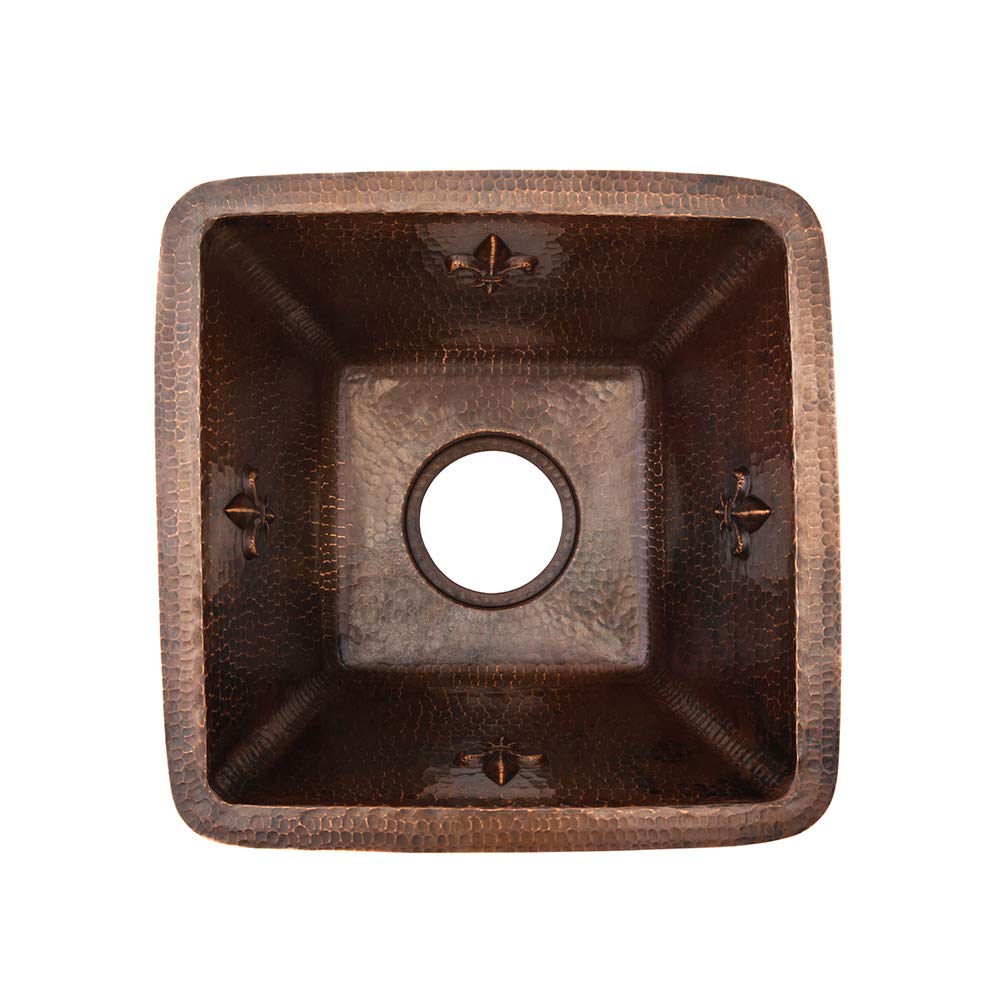 Premier Copper Products BS15FDB3 15-Inch Universal Square Fleur De Lis Hammered Copper Sink with 3.5-Inch Drain Size, Oil Rubbed Bronze (Showroom Display for Sale)