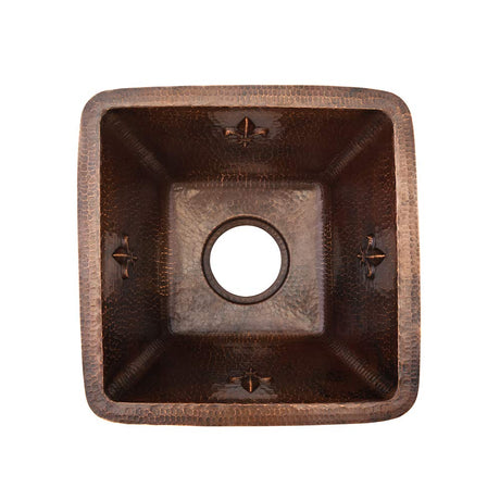 Premier Copper Products BS15FDB3 15-Inch Universal Square Fleur De Lis Hammered Copper Sink with 3.5-Inch Drain Size, Oil Rubbed Bronze