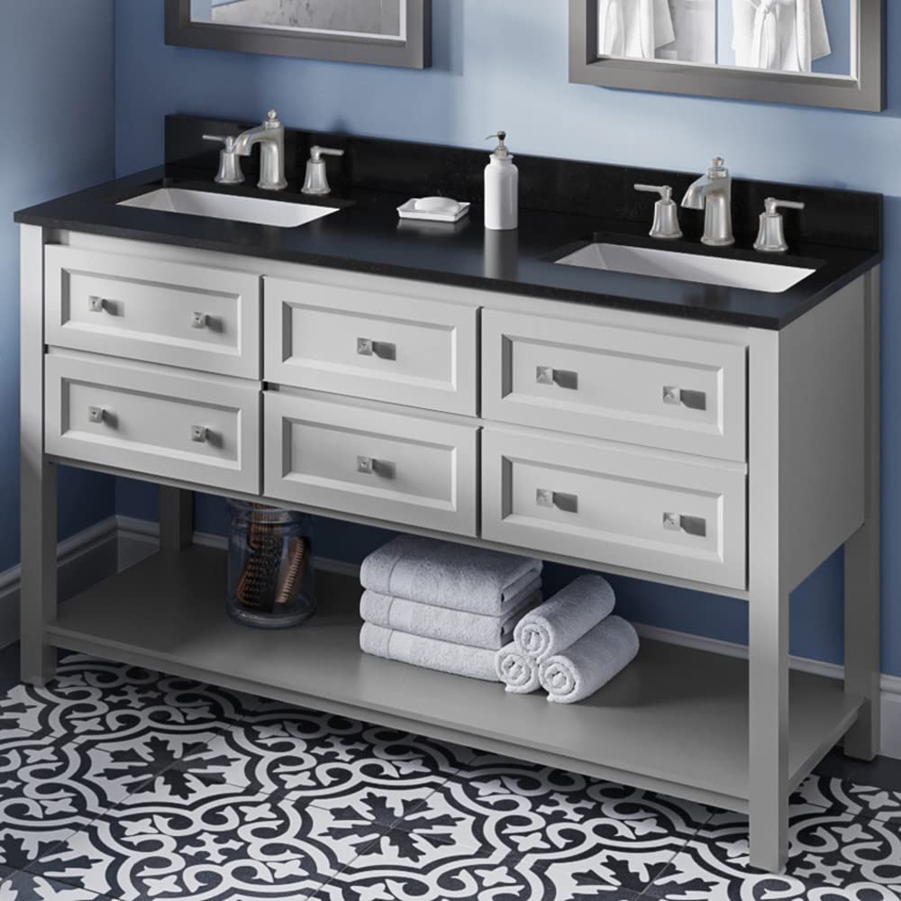 Jeffrey Alexander VKITADL60GRBGR 60" Grey Adler Vanity, double bowl, Black Granite Vanity Top, two undermount rectangle bowls