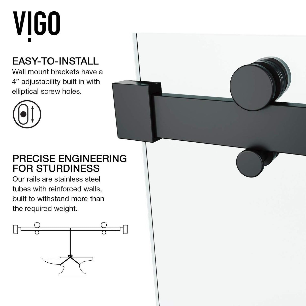 VIGO Adjustable 56-60" W x 79" H Luca Frameless Sliding Rectangle Shower Door with Clear Tempered Glass, Reversible Door Handle and Stainless Steel Hardware in Matte Black-VG6043MBCL6074