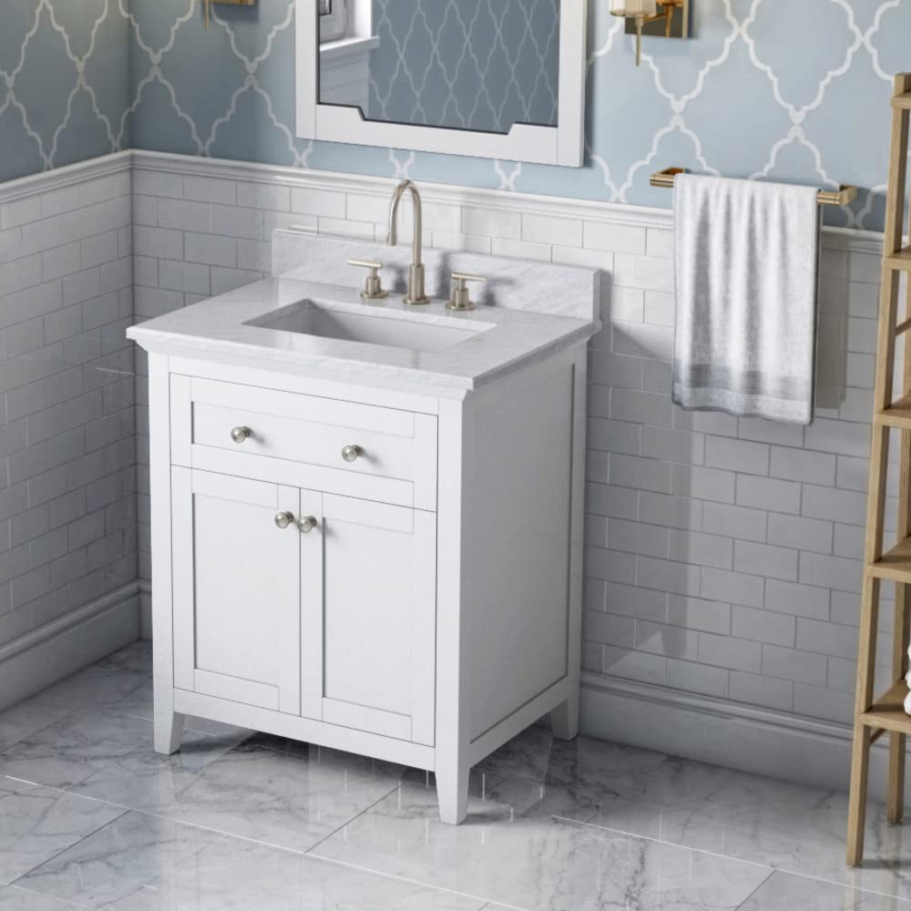 Jeffrey Alexander VKITCHA30WHWCR 30" White Chatham Vanity, White Carrara Marble Vanity Top, undermount rectangle bowl