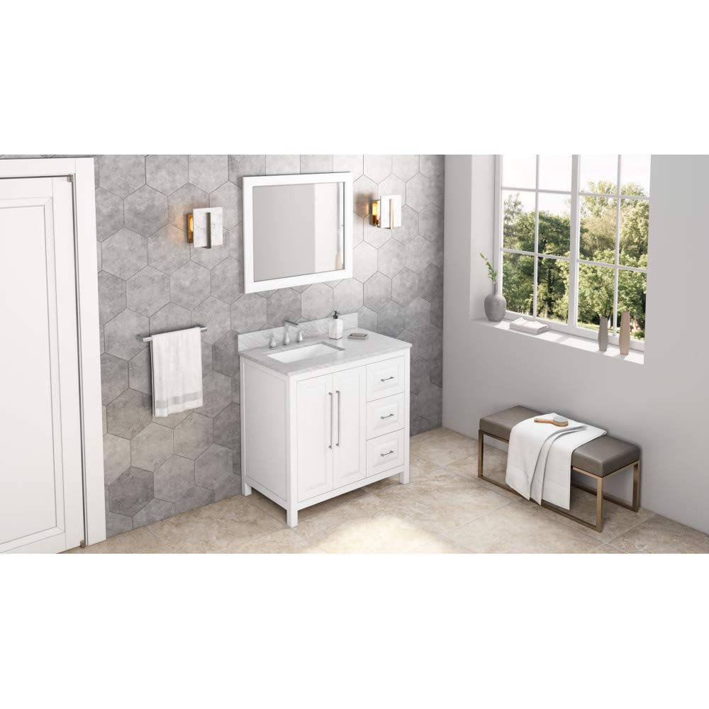 Jeffrey Alexander VKITCAD36WHWCR 36" White Cade Vanity, left offset, White Carrara Marble Vanity Top, undermount rectangle bowl