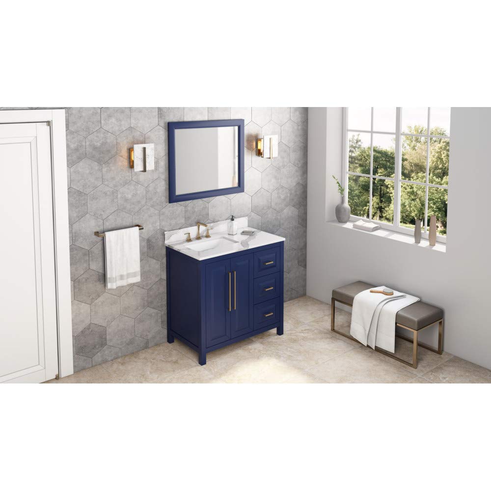 Jeffrey Alexander VKITCAD36BLCQR 36" Hale Blue Cade Vanity, left offset, Calacatta Vienna Quartz Vanity Top, undermount rectangle bowl
