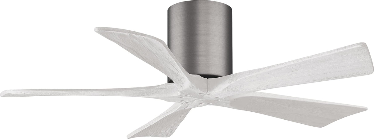 Matthews Fan IR5H-BP-MWH-42 Irene-5H five-blade flush mount paddle fan in Brushed Pewter finish with 42” solid matte white wood blades.