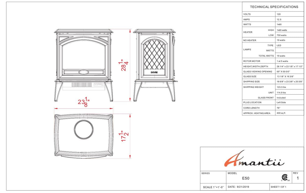 Amantii E50-NA Lynwood Series - 50 cm Freestand Electric Stove Featuring a Cast Iron Frame and a 10 Piece Birch Log Set