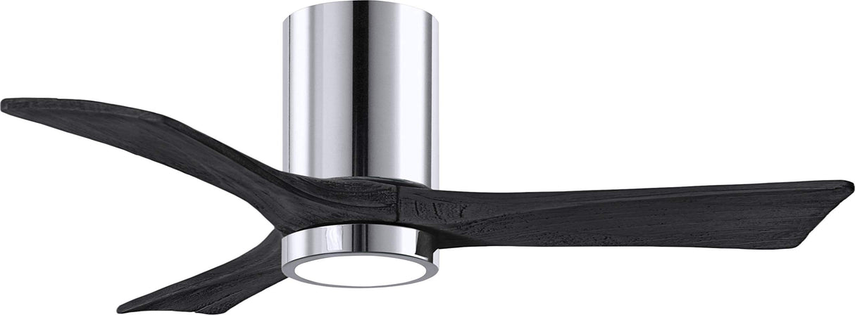 Matthews Fan IR3HLK-CR-BK-42 Irene-3HLK three-blade flush mount paddle fan in Polished Chrome finish with 42” solid matte black wood blades and integrated LED light kit.