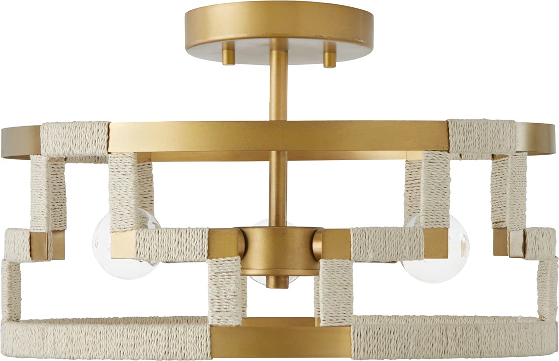 Capital Lighting 241031NL Hala 3 Light Semi-Flush Bleached Natural Jute and Patinaed Brass