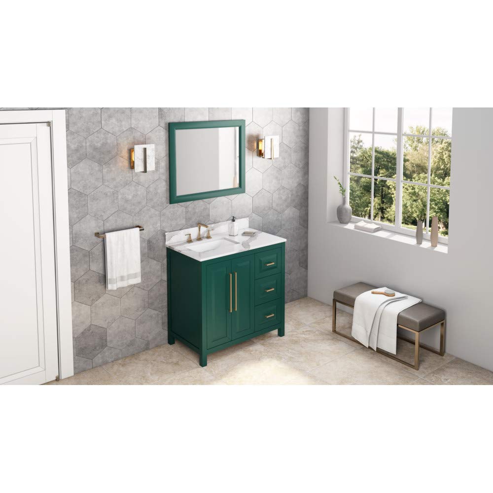 Jeffrey Alexander VKITCAD36GNCQR 36" Forest Green Cade Vanity, left offset, Calacatta Vienna Quartz Vanity Top, undermount rectangle bowl