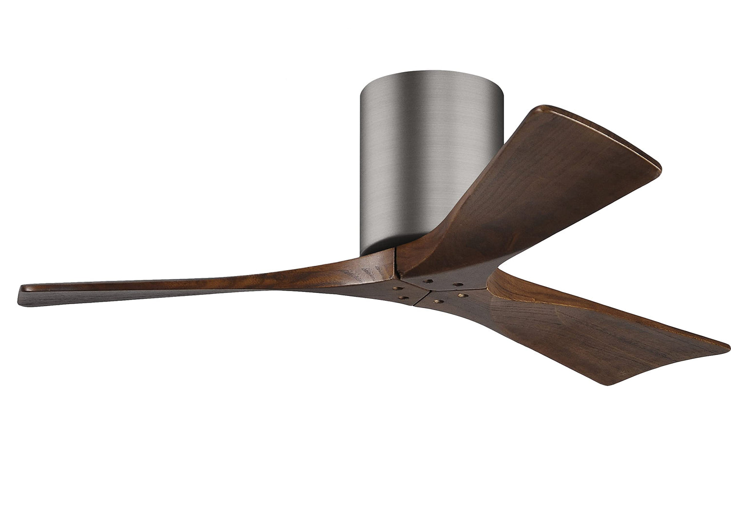Matthews Fan IR3H-BP-WA-42 Irene-3H three-blade flush mount paddle fan in Brushed Pewter finish with 42” solid walnut tone blades.