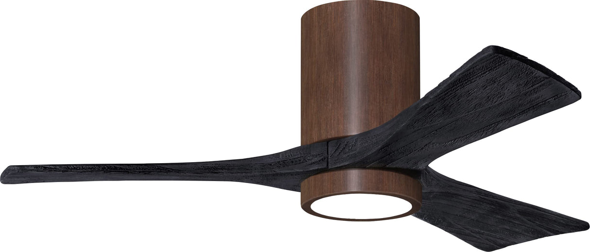 Matthews Fan IR3HLK-WN-BK-42 Irene-3HLK three-blade flush mount paddle fan in Walnut finish with 42” solid matte black wood blades and integrated LED light kit.