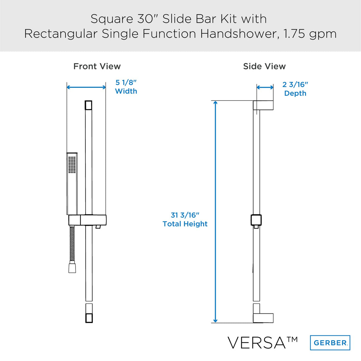 Gerber D462726 Chrome Versa Square 30" Slide Bar Assembly With Single FUNCTION...