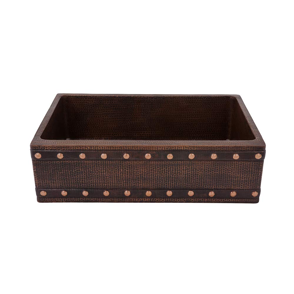 Premier Copper Products 30-inch Hammered Copper Apron Front Single Basin Kitchen Sink w/Barrel Strap Design