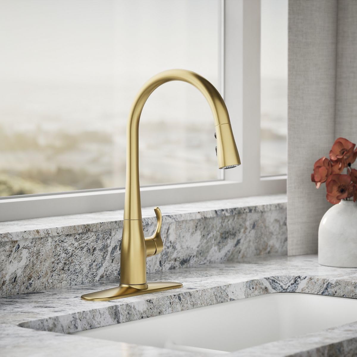 Kohler 596-2MB Simplice Pull Down Kitchen Faucet, 3-Spray Faucet, Kitchen Sink Faucet with Pull Down Sprayer, Vibrant Brushed Moderne Brass