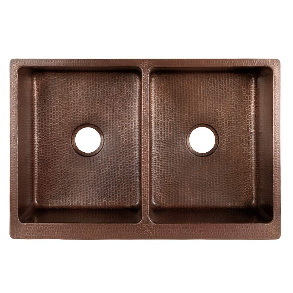 Premier Copper Products KA50B33229 33-Inch Antique Hammered Copper Kitchen Apron 50/50 Double Basin Sink…