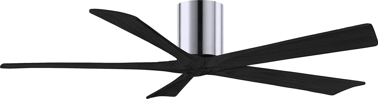 Matthews Fan IR5H-CR-BK-60 Irene-5H five-blade flush mount paddle fan in Polished Chrome finish with 60” solid matte black wood blades.