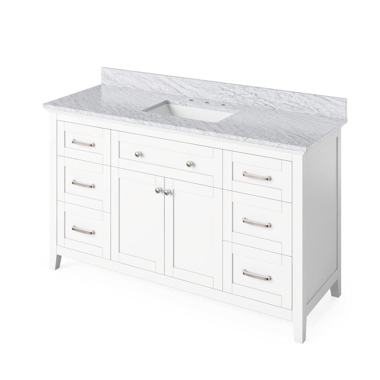 Jeffrey Alexander VKITCHA60SWHWCR 60" White Chatham Vanity, White Carrara Marble Vanity Top, undermount rectangle bowl