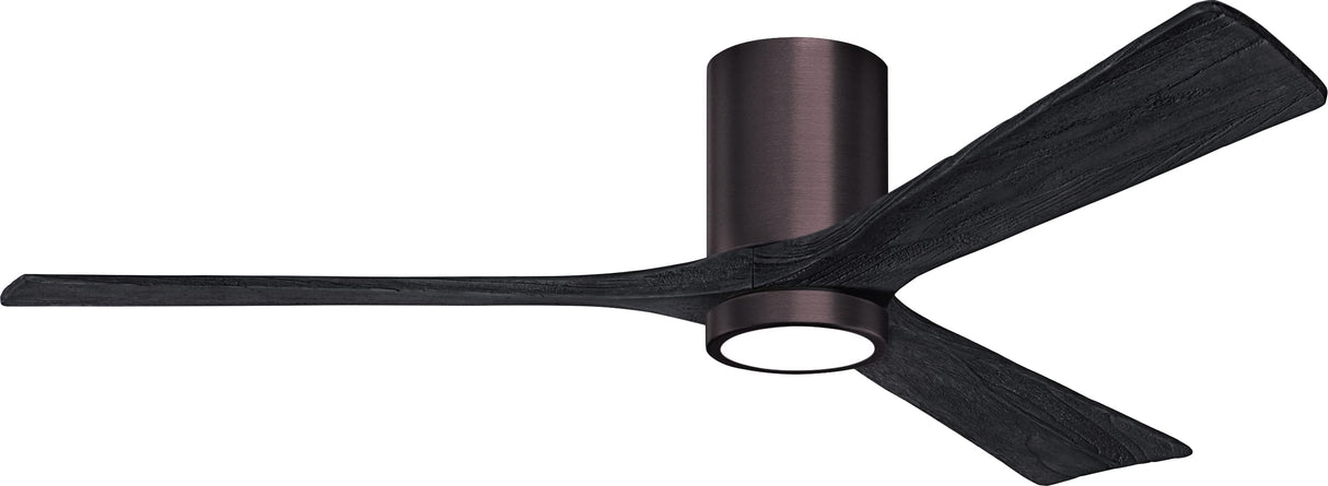 Matthews Fan IR3HLK-BB-BK-60 Irene-3HLK three-blade flush mount paddle fan in Brushed Bronze finish with 60” solid matte black wood blades and integrated LED light kit.