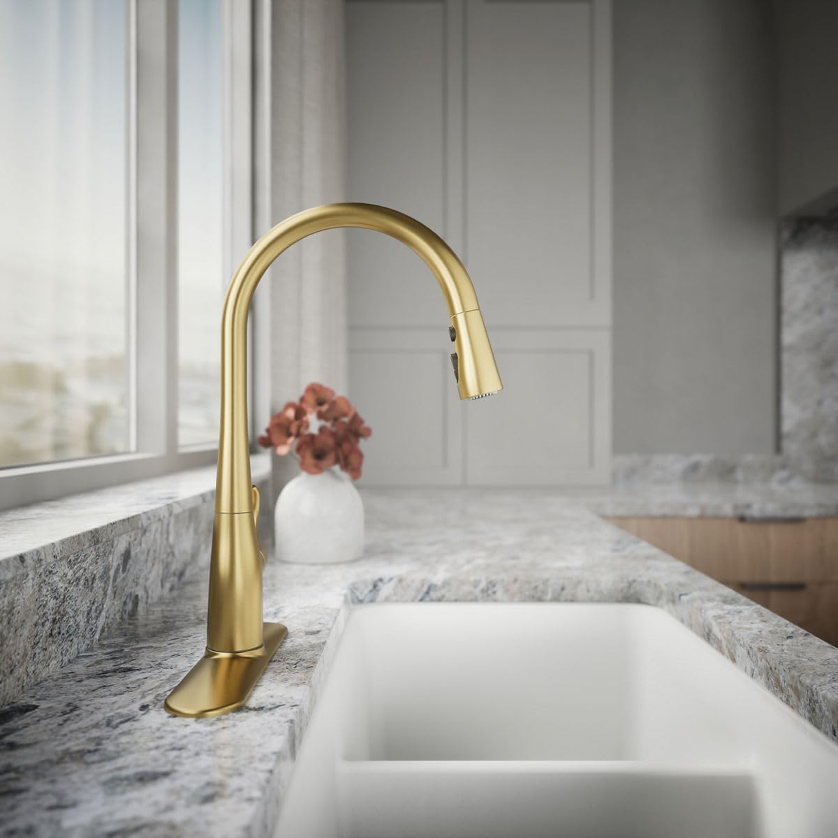 Kohler 596-2MB Simplice Pull Down Kitchen Faucet, 3-Spray Faucet, Kitchen Sink Faucet with Pull Down Sprayer, Vibrant Brushed Moderne Brass