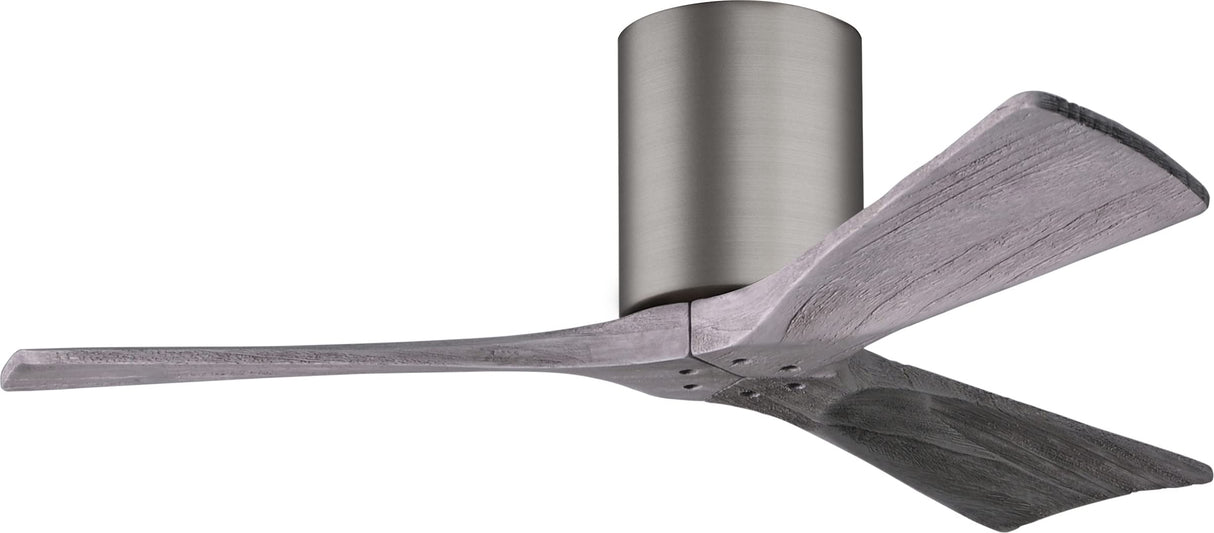 Matthews Fan IR3H-BP-BW-42 Irene-3H three-blade flush mount paddle fan in Brushed Pewter finish with 42” solid barn wood tone blades.