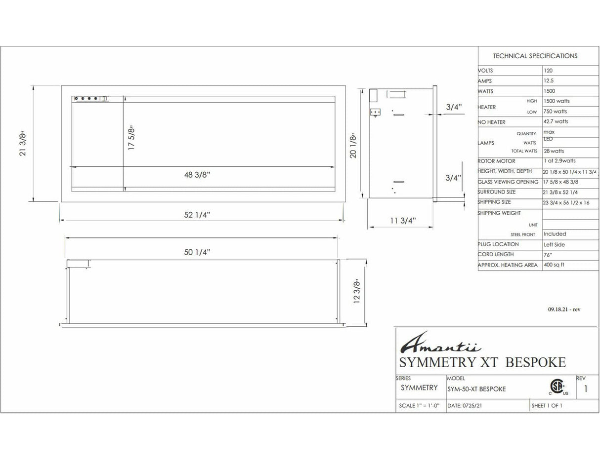 Amantii SYM-50-XT-BESPOKE Symmetry Xtra Tall Bespoke - 50" Indoor / Outdoor Electric Built In featuring, WiFi Compatibilty & Bluetooth Connectivity, MultiFunction Remote, and a Selection of Media Options