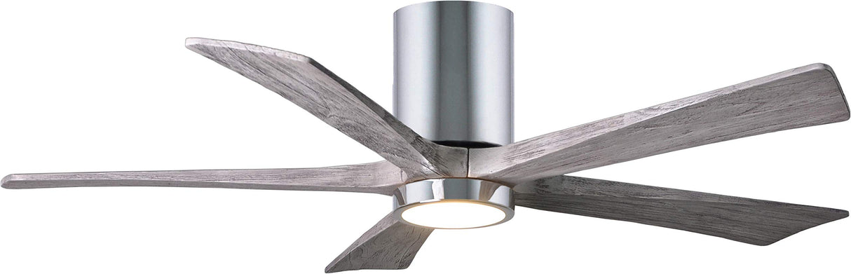 Matthews Fan IR5HLK-CR-BW-52 IR5HLK five-blade flush mount paddle fan in Polished Chrome finish with 52” solid barn wood tone blades and integrated LED light kit.