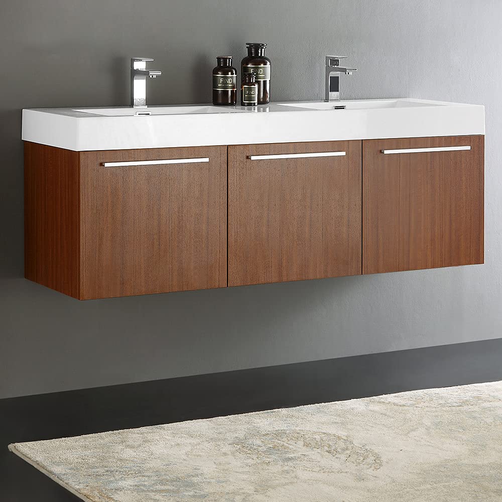 Fresca FCB8093GO-D-I Fresca Vista 60" Gray Oak Wall Hung Double Sink Modern Bathroom Cabinet w/ Integrated Sink
