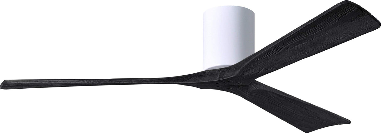 Matthews Fan IR3H-WH-BK-60 Irene-3H three-blade flush mount paddle fan in Gloss White finish with 60” solid matte black wood blades. 