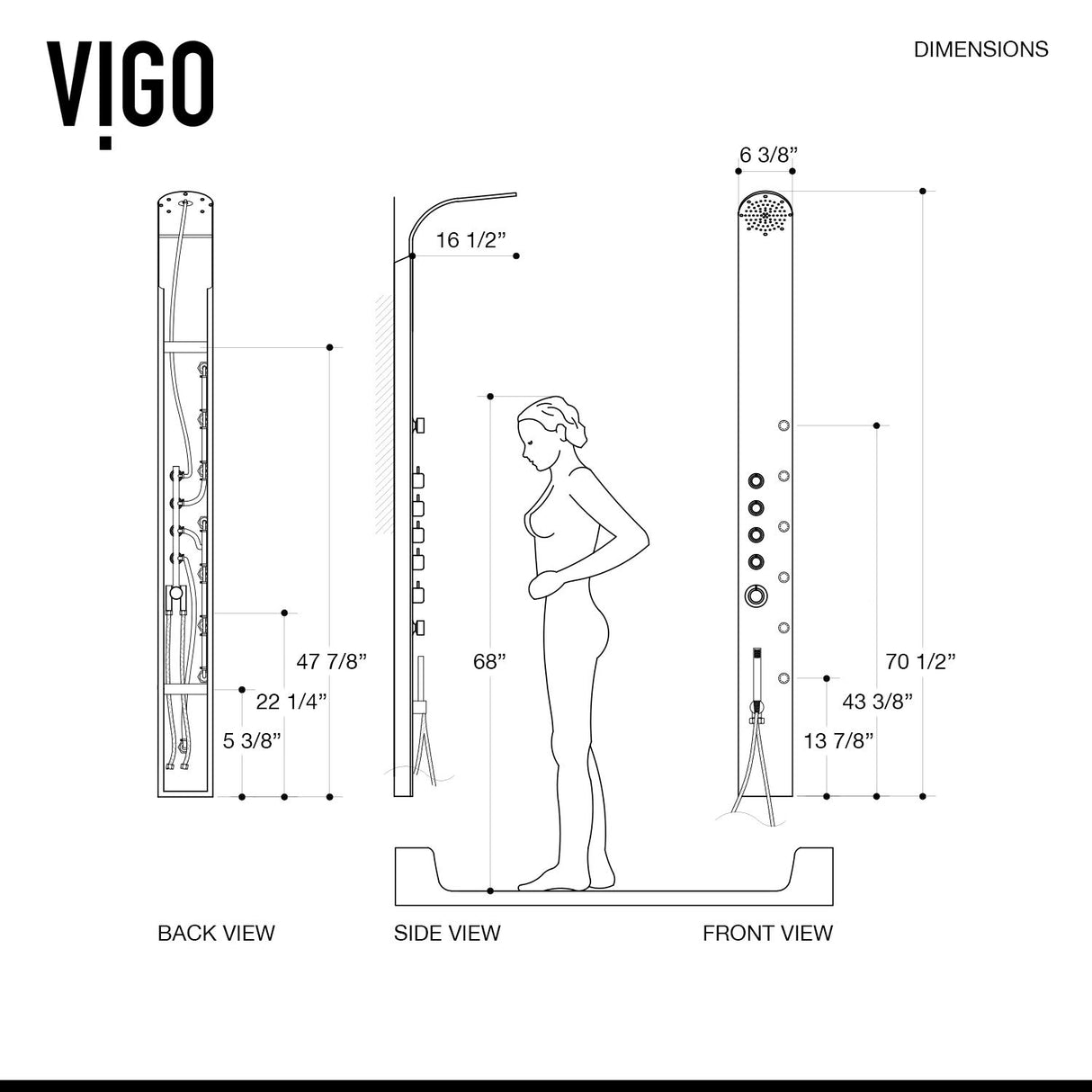 VIGO VG08005 Brielle 2.75" -6.38" W -70.5" H Shower Massage Panel 6 -Jet High Pressure Shower System with Thermostatic, Volume, Dual Function Control Type, Brass Hardware in Stainless Steel Finish