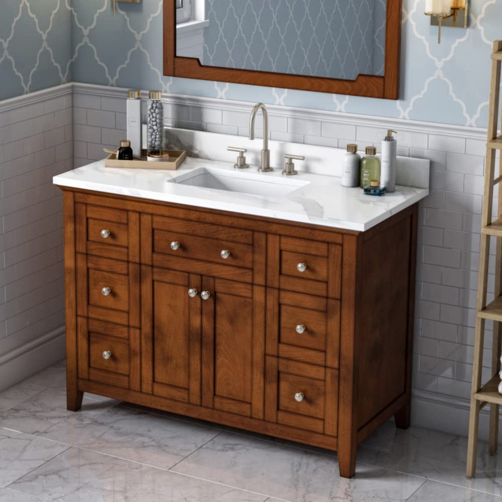 Jeffrey Alexander VKITCHA48CHCQR 48" Chocolate Chatham Vanity, Calacatta Vienna Quartz Vanity Top, undermount rectangle bowl