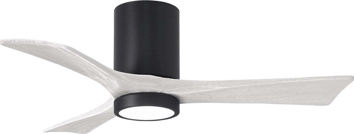 Matthews Fan IR3HLK-BK-MWH-42 Irene-3HLK three-blade flush mount paddle fan in Matte Black finish with 42” solid matte white wood blades and integrated LED light kit.