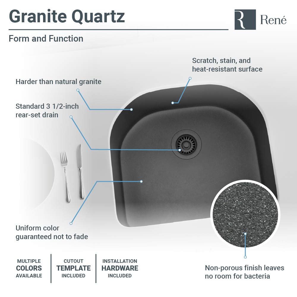 R3-1005-CAR-ST-CGF Carbon D-Bowl Quartz Granite Kitchen Sink with Grid and Matching Colored Flange