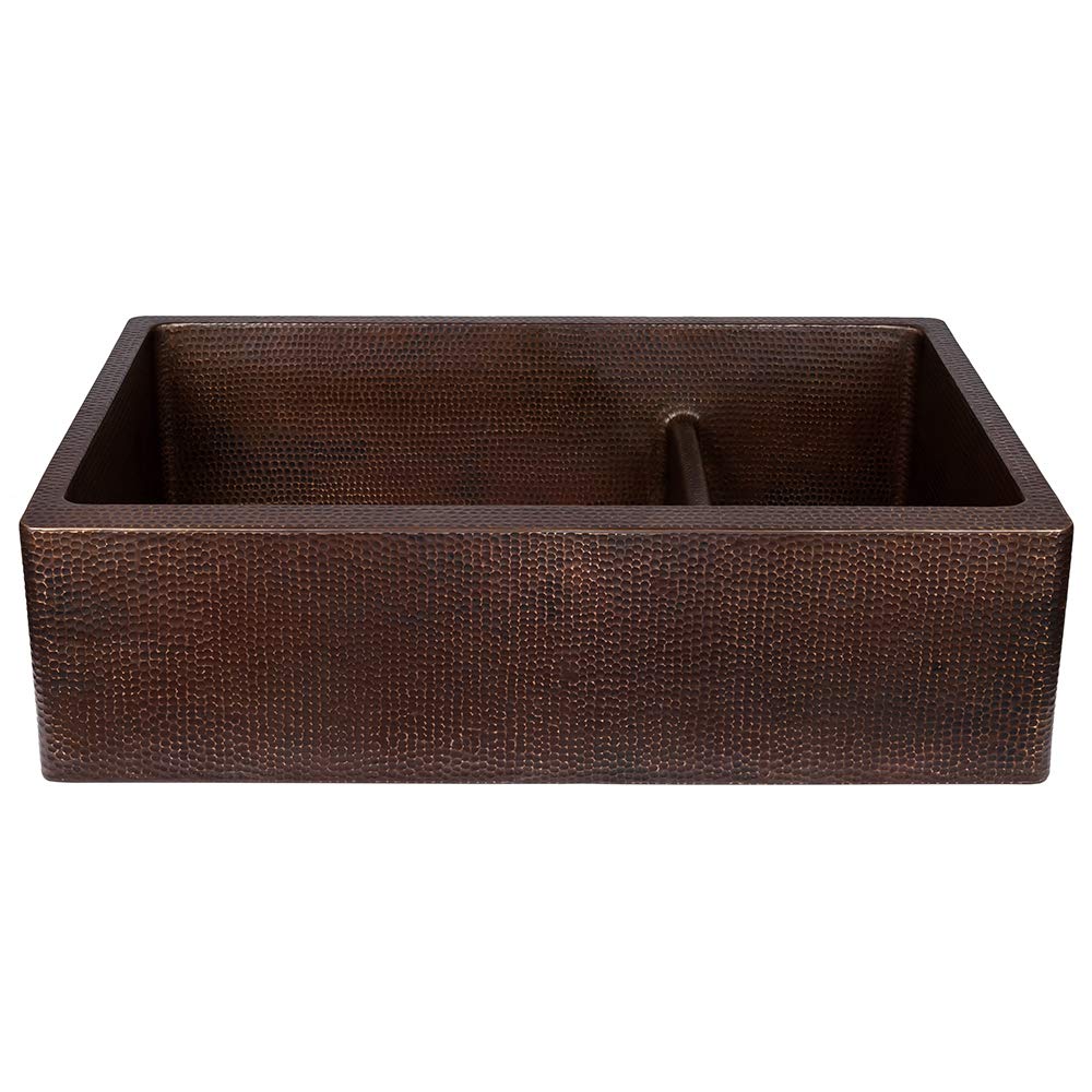 Premier Copper Products KA70DB33229-SD5 33-Inch Hammered Copper Kitchen Apron 70/30 Double Basin Sink with Short 5-Inch Divider…