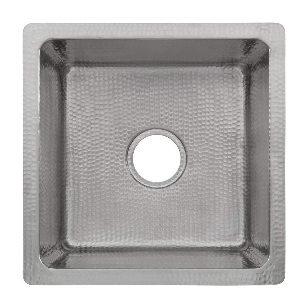 Premier Copper Products BS16EN3 16-Inch Square Hammered Copper Bar/Prep Sink in Nickel w/ 3.5-Inch Drain Opening