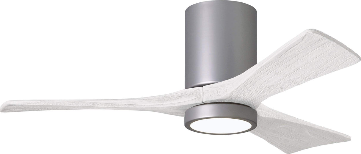 Matthews Fan IR3HLK-BN-MWH-42 Irene-3HLK three-blade flush mount paddle fan in Brushed Nickel finish with 42” solid matte white wood blades and integrated LED light kit.
