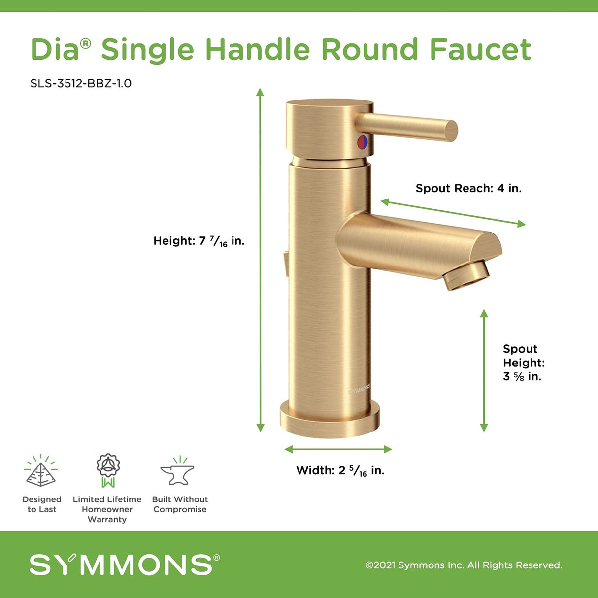 Symmons SLS-3512-BBZ-1.5 Dia Single Hole Single-Handle Bathroom Faucet with Drain Assembly in Brushed Bronze (1.5 GPM)