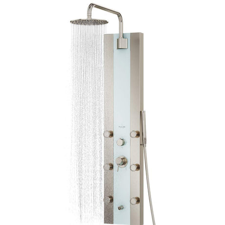 PULSE ShowerSpas 1039W-BN-1.8GPM Tropicana ShowerSpa Panel with 10" Rain Showerhead, 6 Body Spray Jets and Hand Shower, White Glass with Brushed Nickel Fixtures, 1.8 GPM